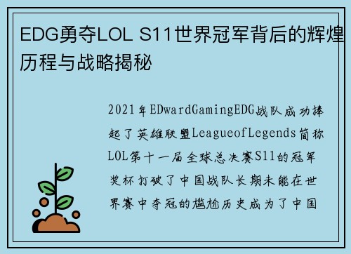 EDG勇夺LOL S11世界冠军背后的辉煌历程与战略揭秘